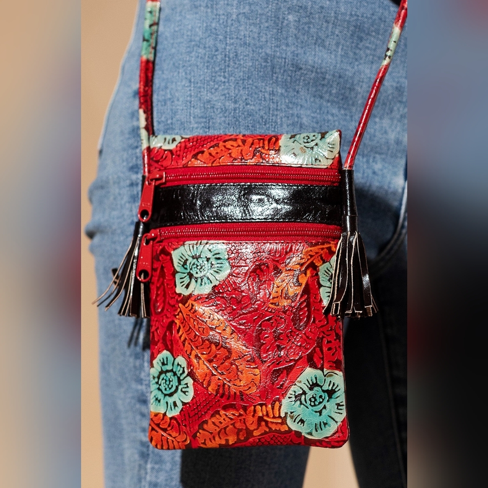 Cellphone Crossbody Bag Vibrant Artisan Hand-Painted & Embossed Genuine Leather - Picture 3 of 7